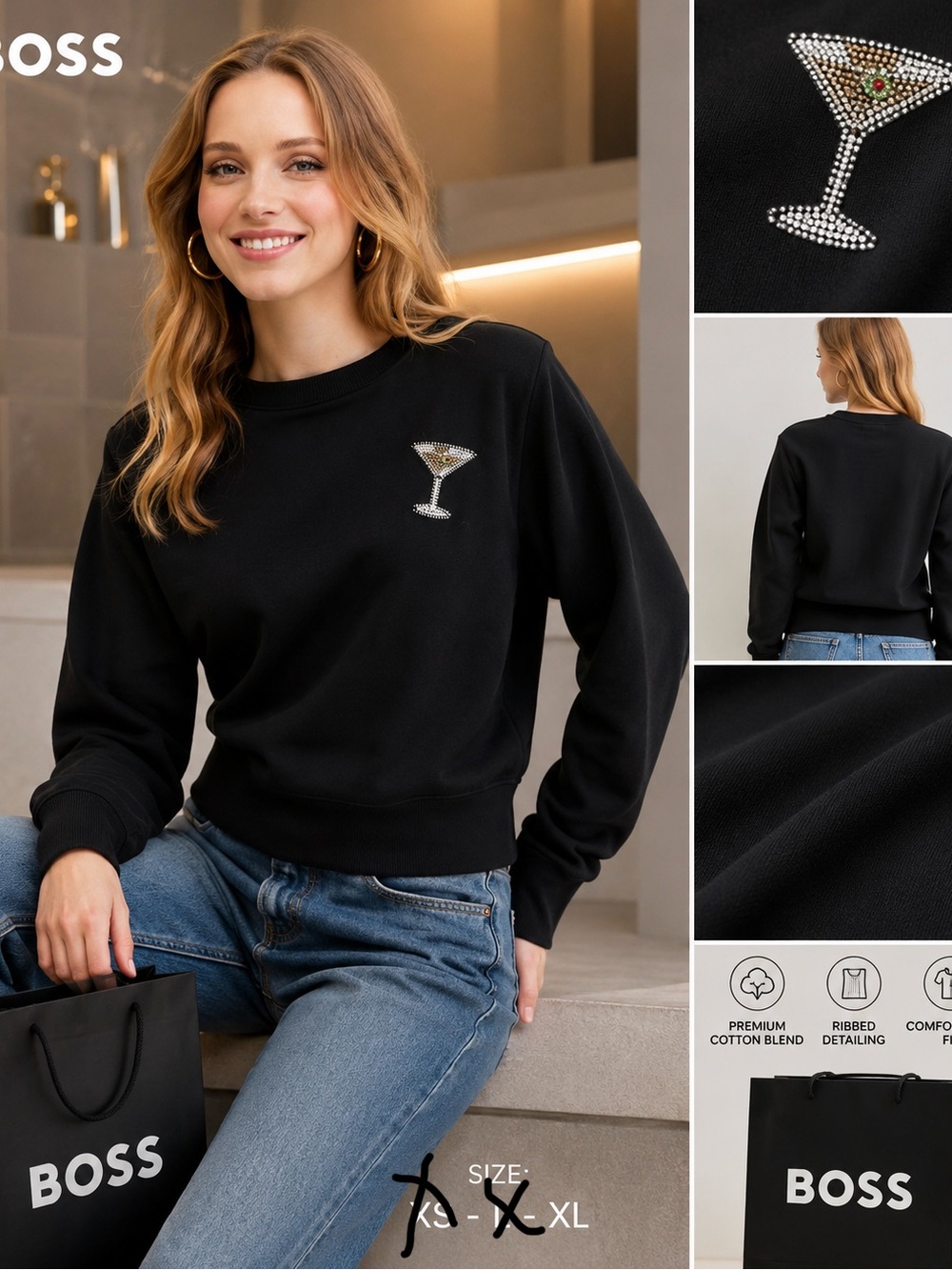Boss Black Crystal Martini Embellished Sweatshirt